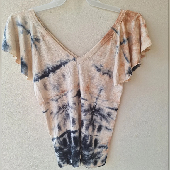 Chaser Black Sands Dye Linen Jersey Double V Reglan Flutter Sleeve Tee Size S - Picture 4 of 7